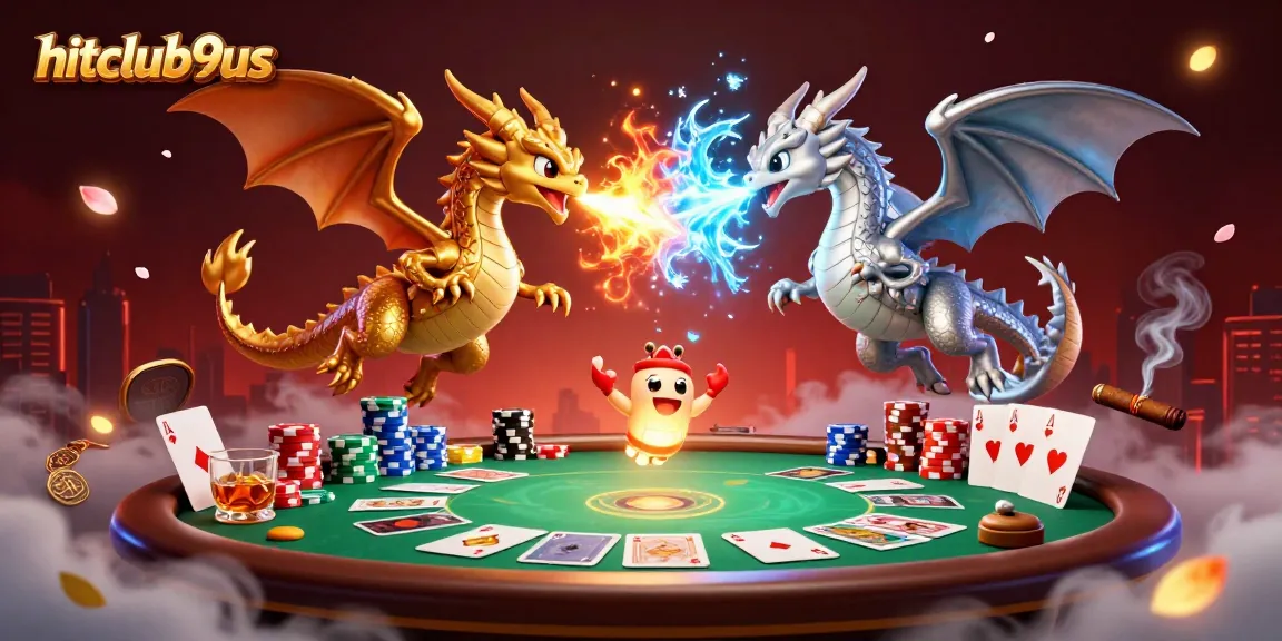Hitclub9us reveals an engaging scene with animated dragons competing amidst poker chips and cards.