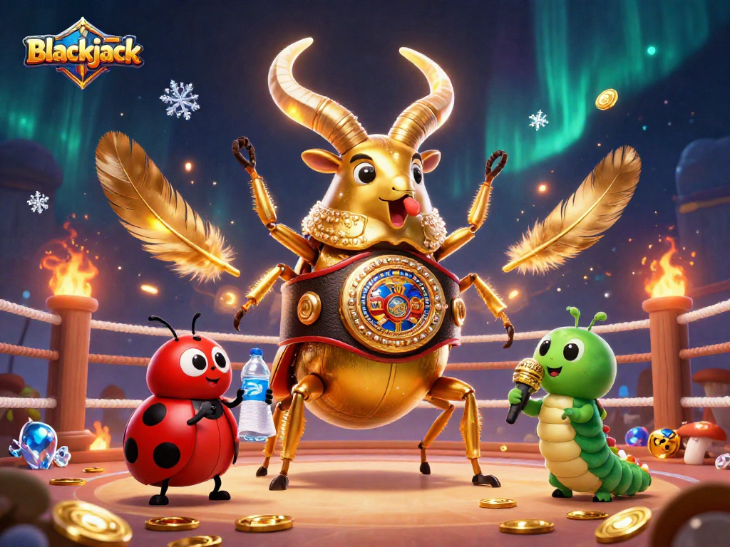 Engage in blackjack action with a fierce giant golden stag beetle boxing champion in a vibrant arena.