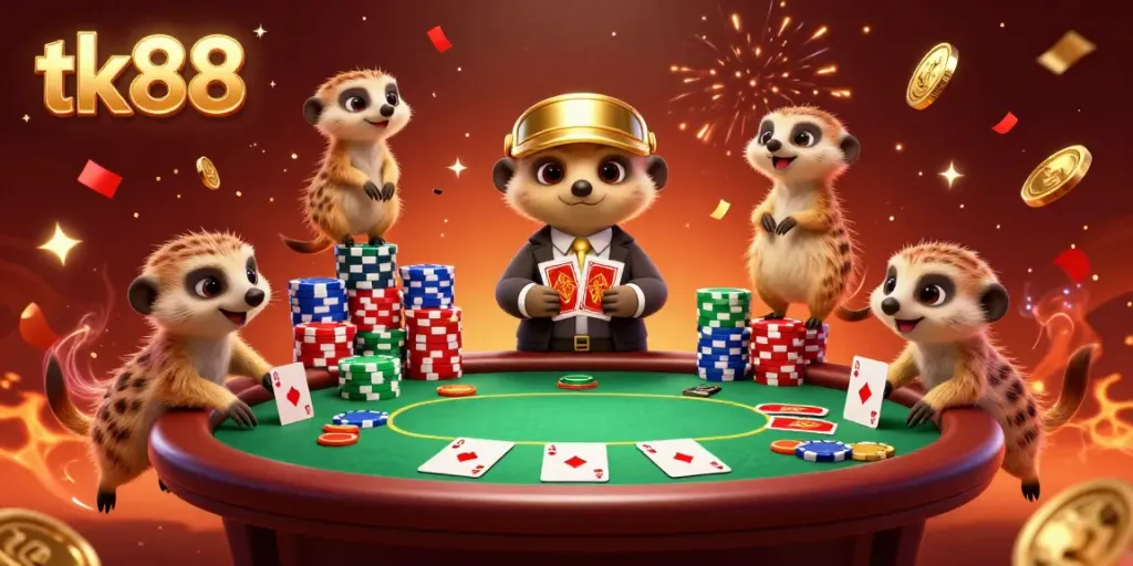 Engage in thrilling gameplay at tk88 with vibrant meerkats running a lively casino operation, showcasing poker excitement.