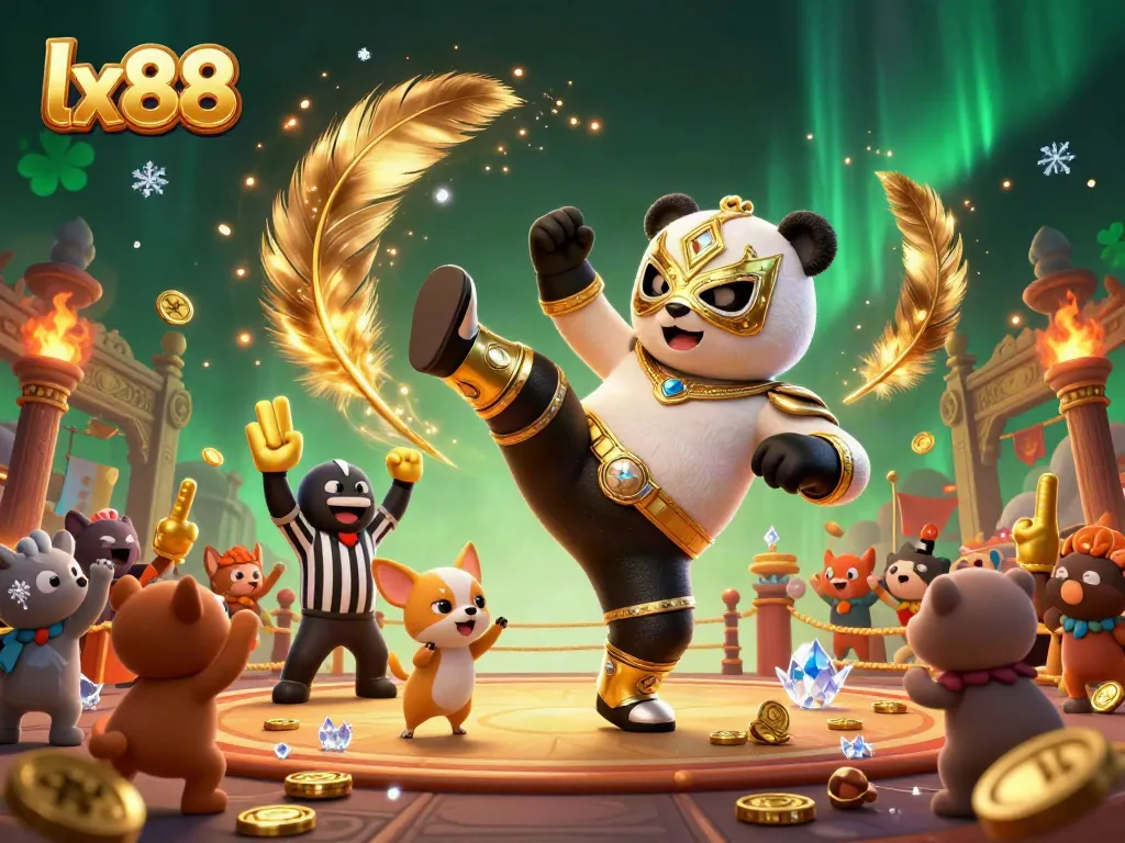 Experience the thrill of lx88 with a 3D panda wrestler and cheering animal spectators in a vibrant casino battle arena.