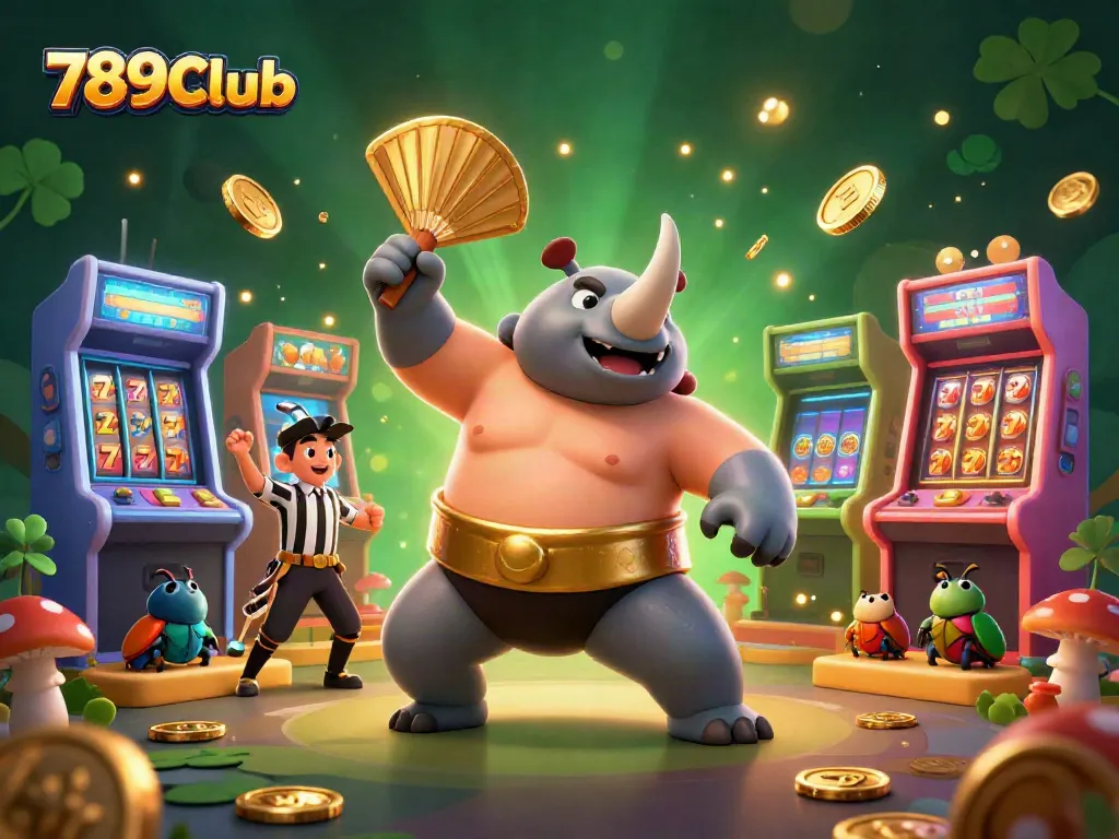 Win big with 789Club featuring a gold-stomping beetle and arcade elements in a vibrant casino scene.