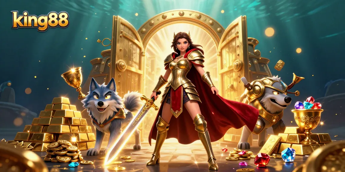 Experience the excitement of king88 with a warrior queen and treasure in a dynamic casino scene.