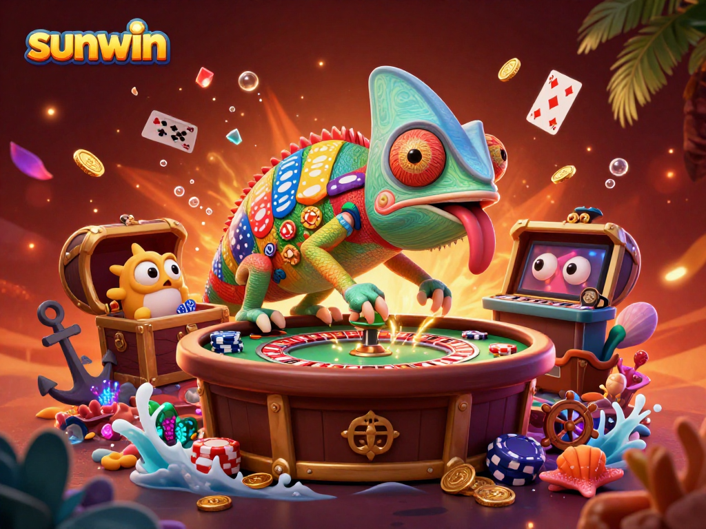 Engage with sunwin as the chameleon casino owner grabs golden coins among vibrant game elements.