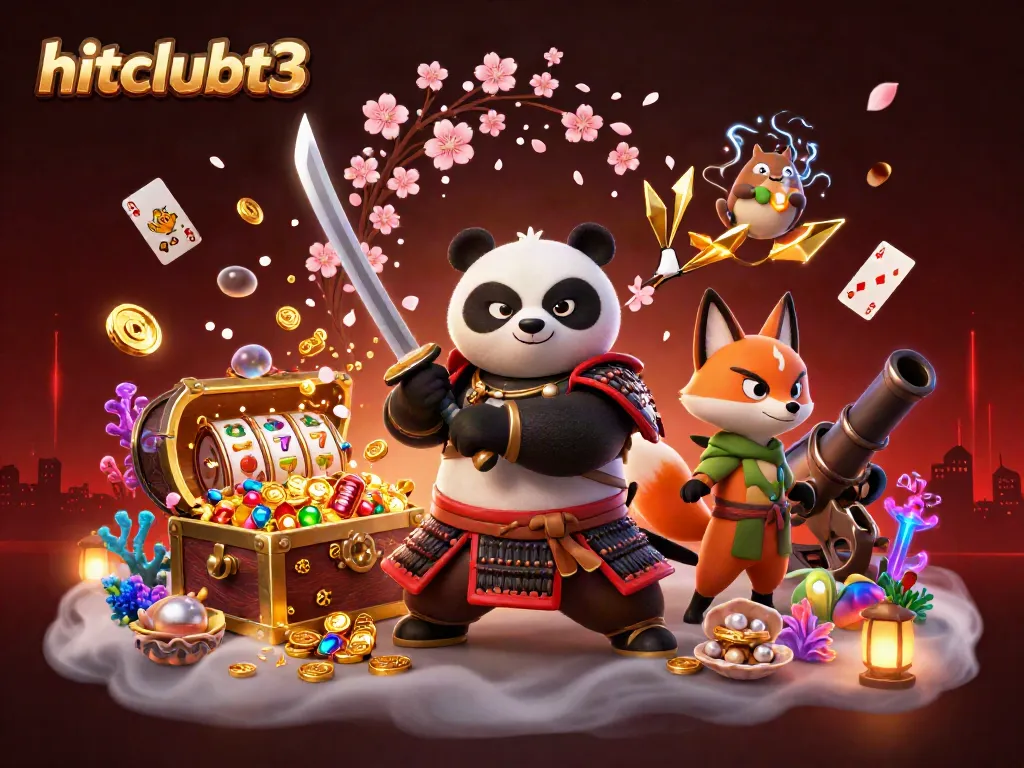 Engage with exciting gameplay featuring hitclubt3, with a dynamic samurai panda and ninja fox in a captivating casino scene.
