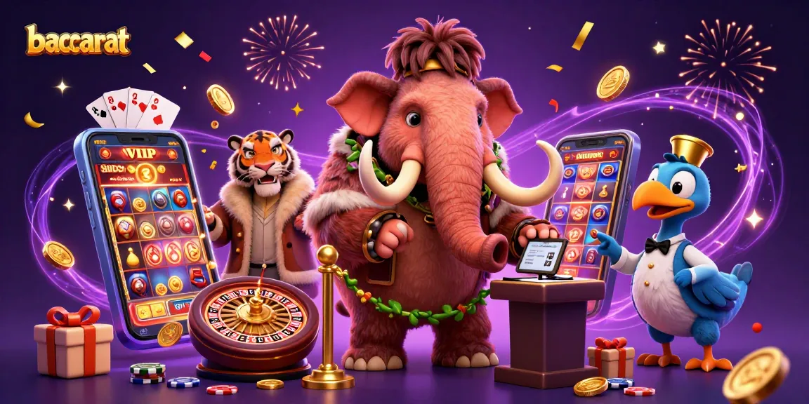 Baccarat scene with a mammoth bouncer, a VIP saber-tooth tiger, and a dodo doorman, celebrating winnings.