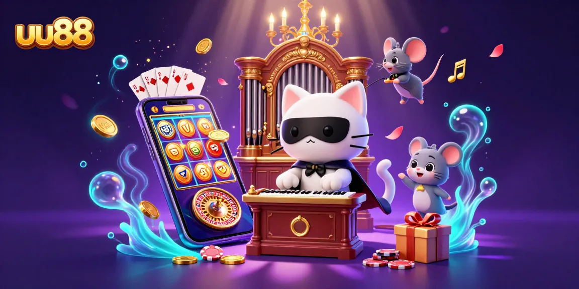 uu88 gaming thrills with a 3D phantom cat at a casino organ, featuring slot games and vibrant elements