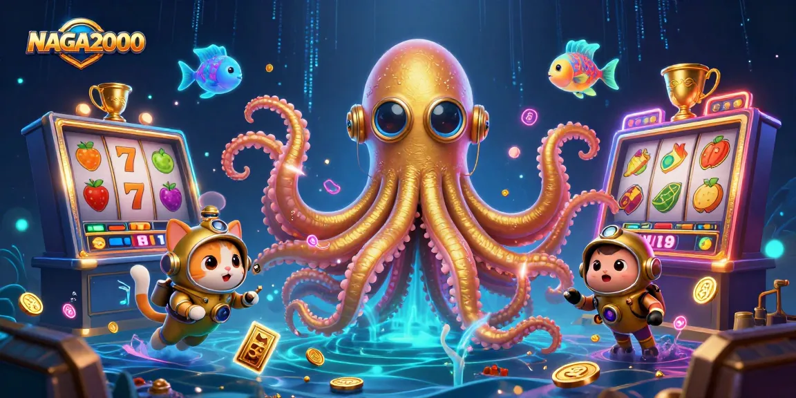 NAGA2000 menampilkan kraken raksasa dan penyelam vintage di antara elemen permainan slot, menciptakan kegembiraan perjudian yang imersif.