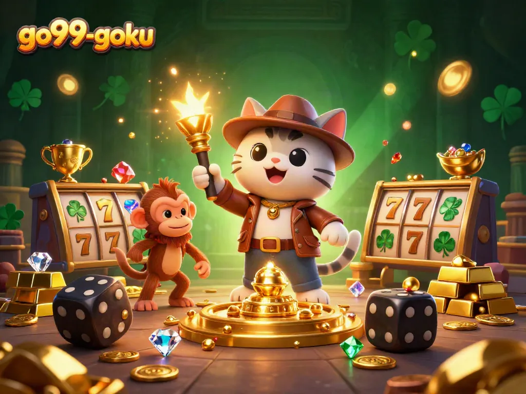 Experience the thrill of gaming with go99-goku as adventurous characters uncover treasures in a vibrant casino scene.