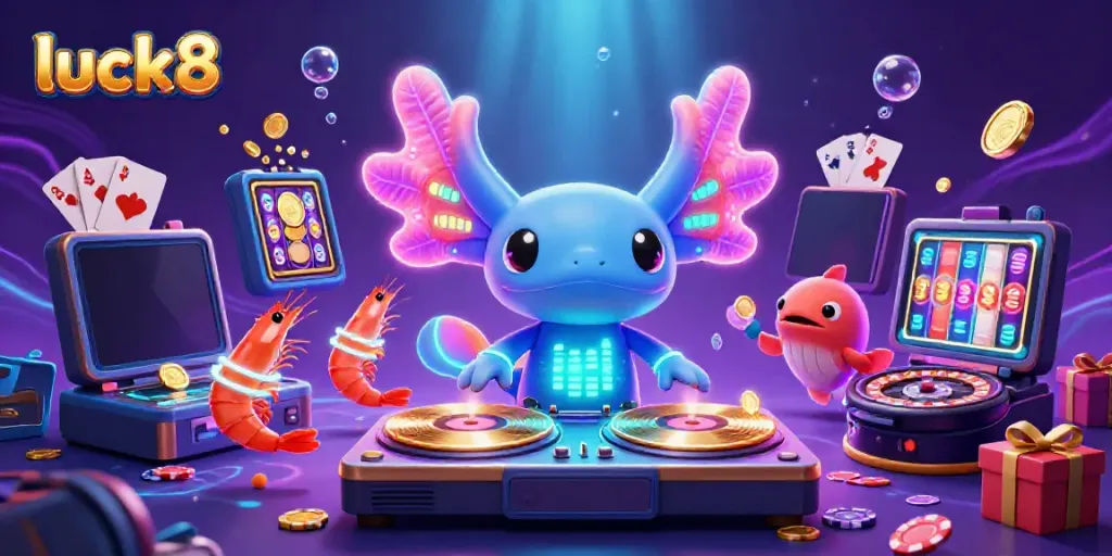 Luck8 showcases a vibrant 3D party scene with a DJ, shrimp dancers, and casino elements, promoting a thrilling online gaming experience.