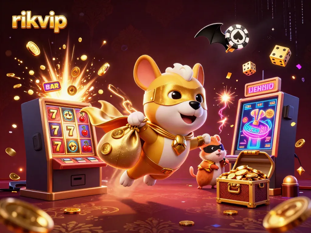 Experience excitement with rikvip as a superhero dog soars over a vibrant casino scene.