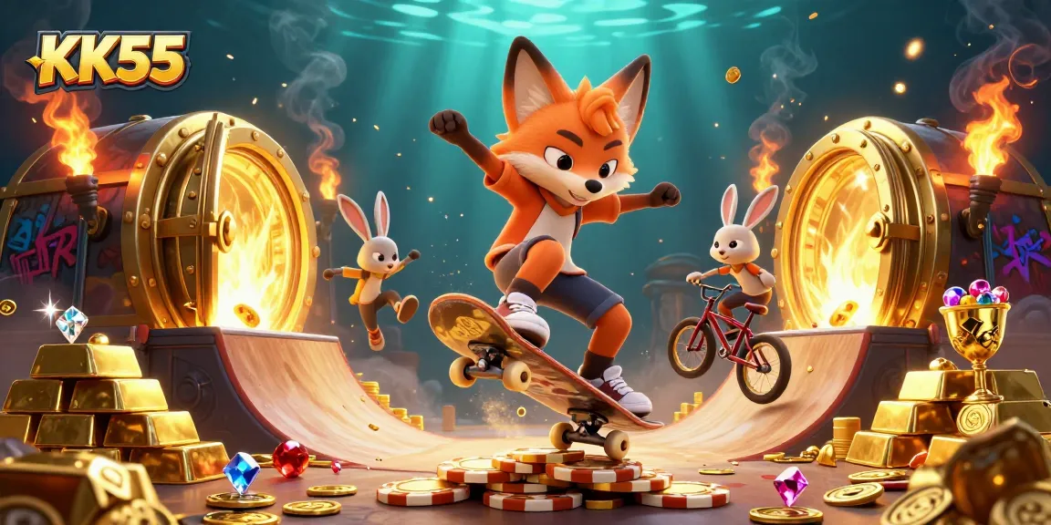 KK55 engages players with thrilling jackpot slots featuring cartoon characters performing tricks in a vibrant casino scene.