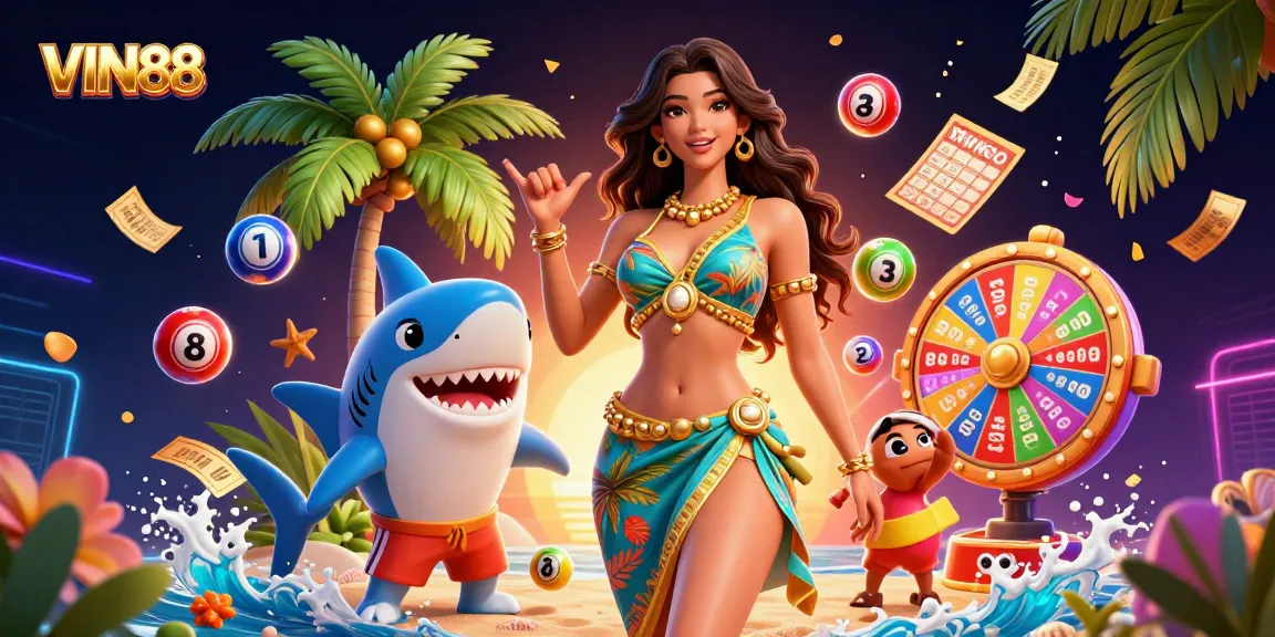 Win big with VIN88 in this vibrant casino scene featuring colorful lottery elements and engaging characters.