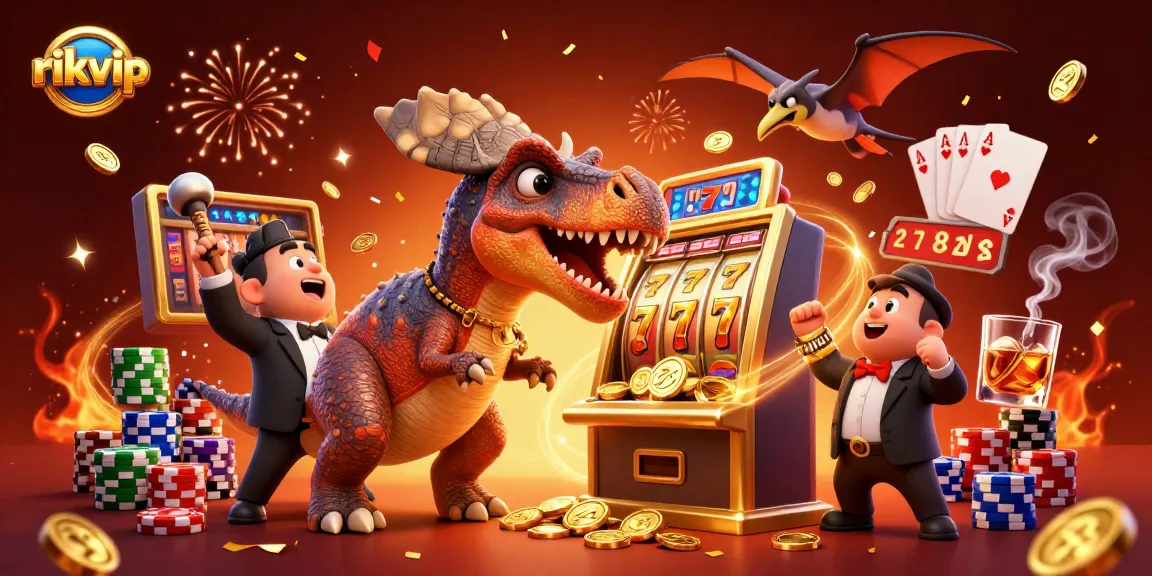 rikvip players enjoying a slot jackpot surrounded by colorful poker chips and confetti