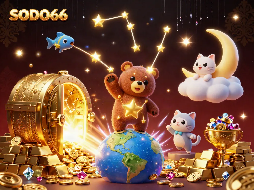 Scoop up coins with SODO66 in a captivating cosmic casino scene filled with treasures.