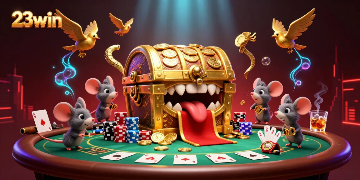 Engage with the thrilling world of 23win, showcasing treasure chests, poker elements, and vibrant casino action.