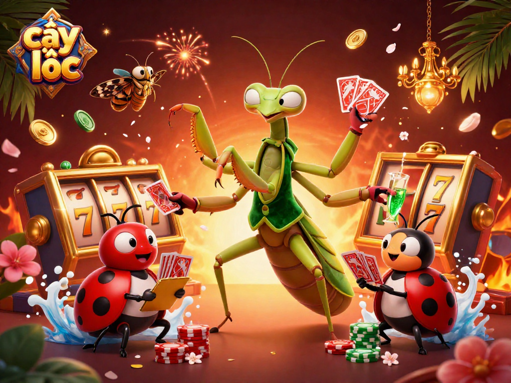 Cây tài lộc slot game scene with a giant praying mantis card sharp and ladybug pit boss celebrating jackpots with vibrant, festive elements