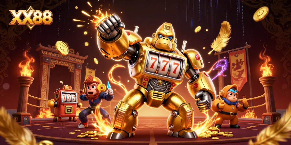 Engage with XX88's vibrant gaming world, featuring a golden gorilla mech and dynamic casino elements.