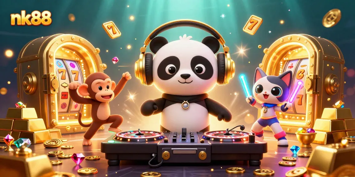 Experience the vibrant nk88 casino scene with a DJ panda and lively gaming elements for players.