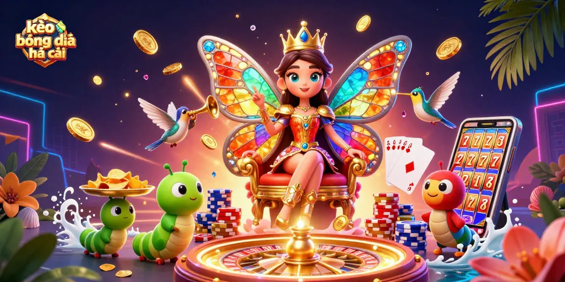 Bet on kèo bóng đá nhà cái with vibrant illustrations of a butterfly queen, poker chips, and dynamic elements.
