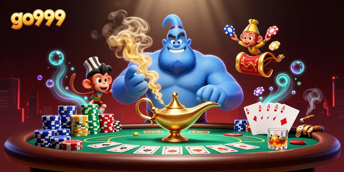 Exciting go999 casino scene featuring a muscular blue genie, poker elements, and vibrant magic.