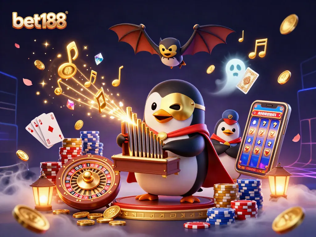 Experience the magic of bet188 with a whimsical 3D scene featuring a gaming penguin and golden treasures.