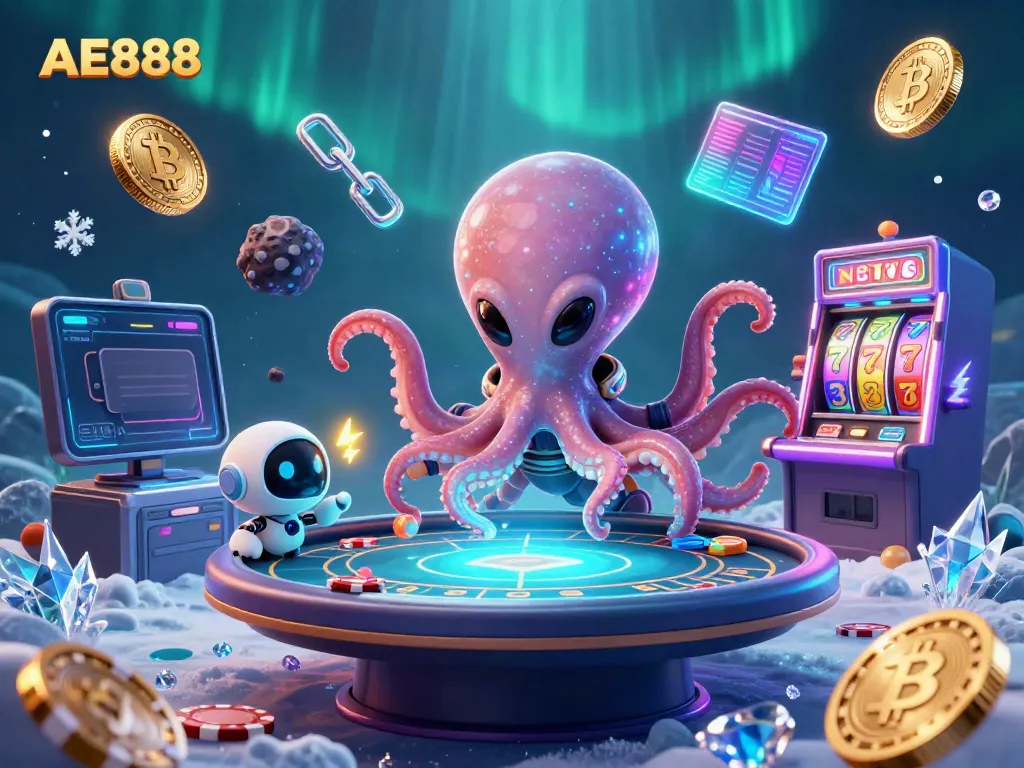 Engage in thrilling poker with AE888 in an ultra-detailed 3D galaxy casino setting featuring an octopus dealer.