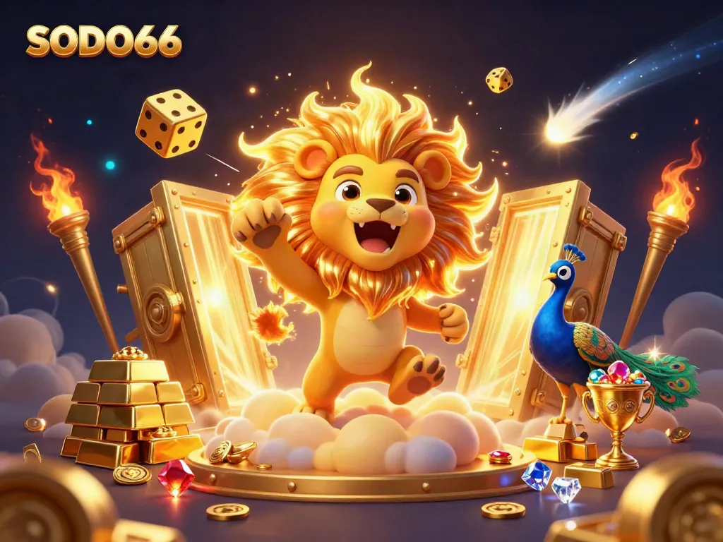 Experience the vibrant SODO66 online casino, showcasing a majestic sun lion and golden dice in a thrilling 3D scene.