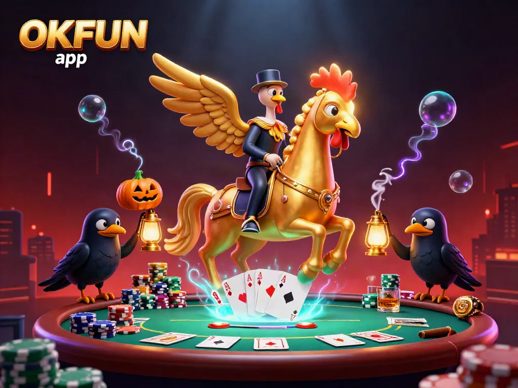 Engage with the enchanting OKFUN app, showcasing a golden rooster riding a spectral horse in a vibrant casino