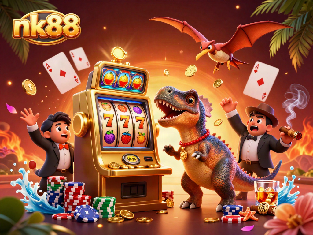 Catch thrilling jackpots with nk88 at a vibrant casino scene featuring cartoon dinosaurs.