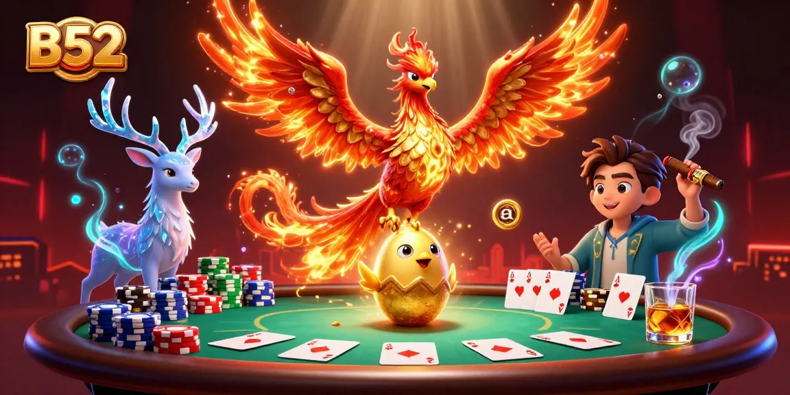 B52 casino scene featuring vibrant phoenix, poker elements, and rich details in 3D illustration