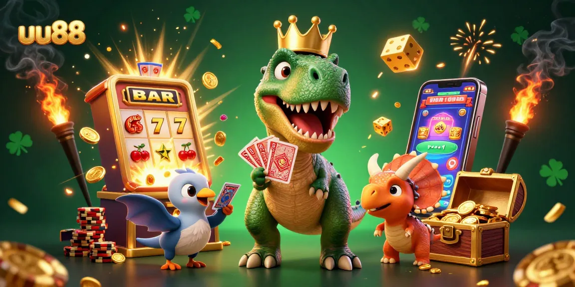 Spin the reels with uu88: T-Rex shuffling cards at an exciting casino scene.