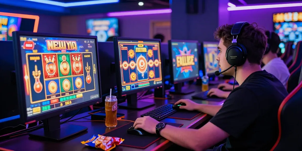 Player engaged in slot games online, surrounded by vibrant screens and exciting graphics, showcasing modern gambling excitement.