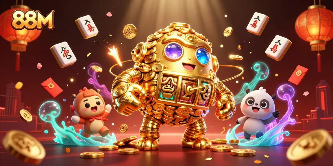 Experience 88M's thrilling gaming adventure with a dynamic illustration of the golden golem amidst vibrant casino elements.
