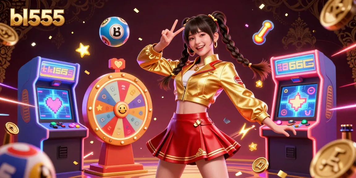 Join the excitement at bl555 with an Asian woman celebrating lottery wins amidst colorful gaming elements.