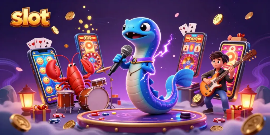 Play slot games with excitement as colorful coins burst and cards fan in this vibrant underwater casino scene.