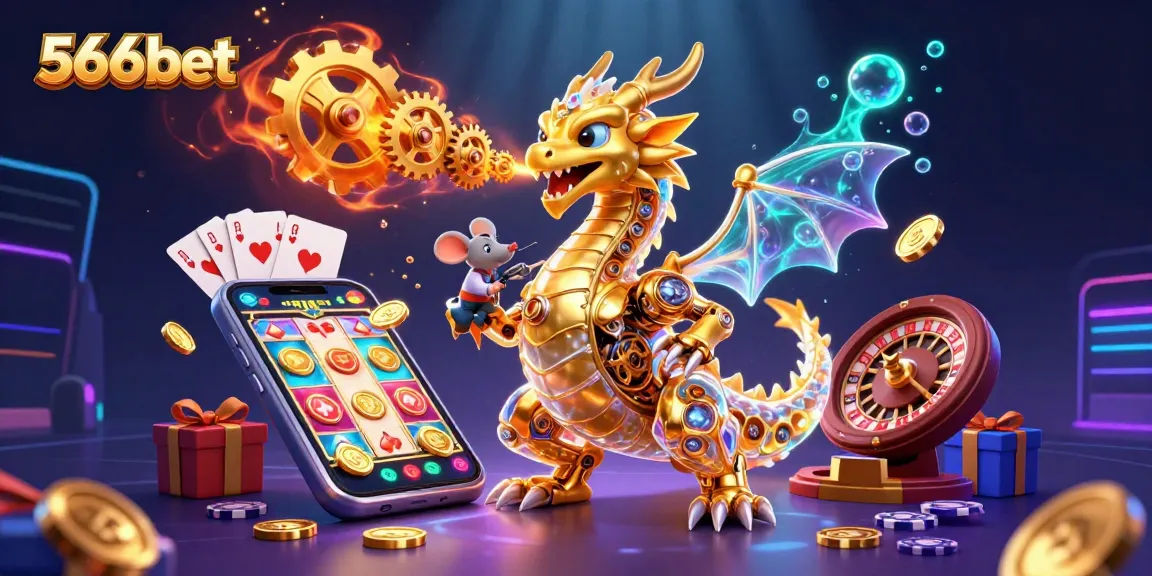 Engage in thrilling gameplay at 566bet with a vibrant 3D scene showcasing a golden dragon and dynamic gaming elements.
