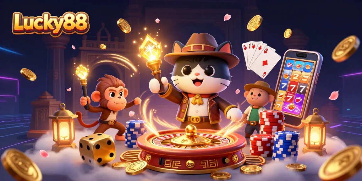 Experience the thrill of Lucky88 with vibrant slots and colorful casino artifacts.