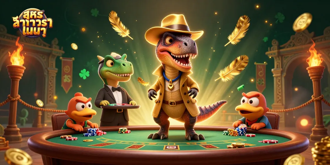 Engage with สูตรบาคาร่าแม่นๆ strategies at a lively casino scene featuring clever velociraptors and dynamic elements.