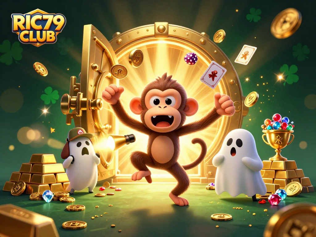 Play at RIC79 CLUB as a poltergeist monkey juggles gold in this haunted casino scene.