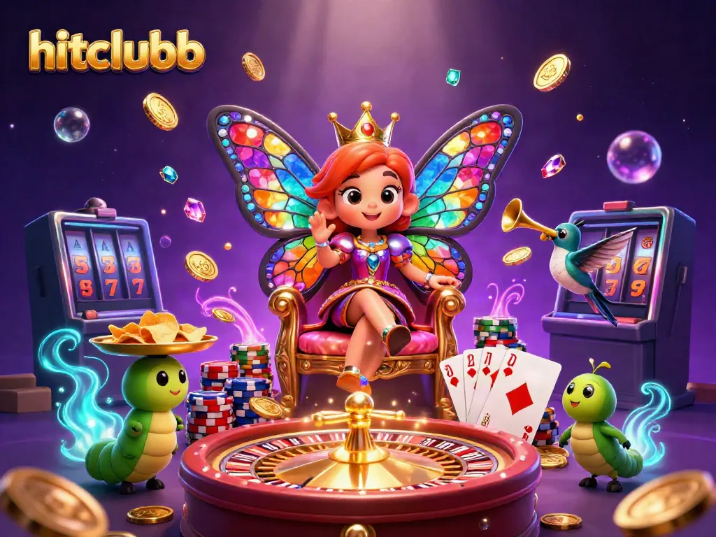 Experience the thrill of hitclubb with a vibrant casino-themed illustration featuring a butterfly queen and jackpot treasures.