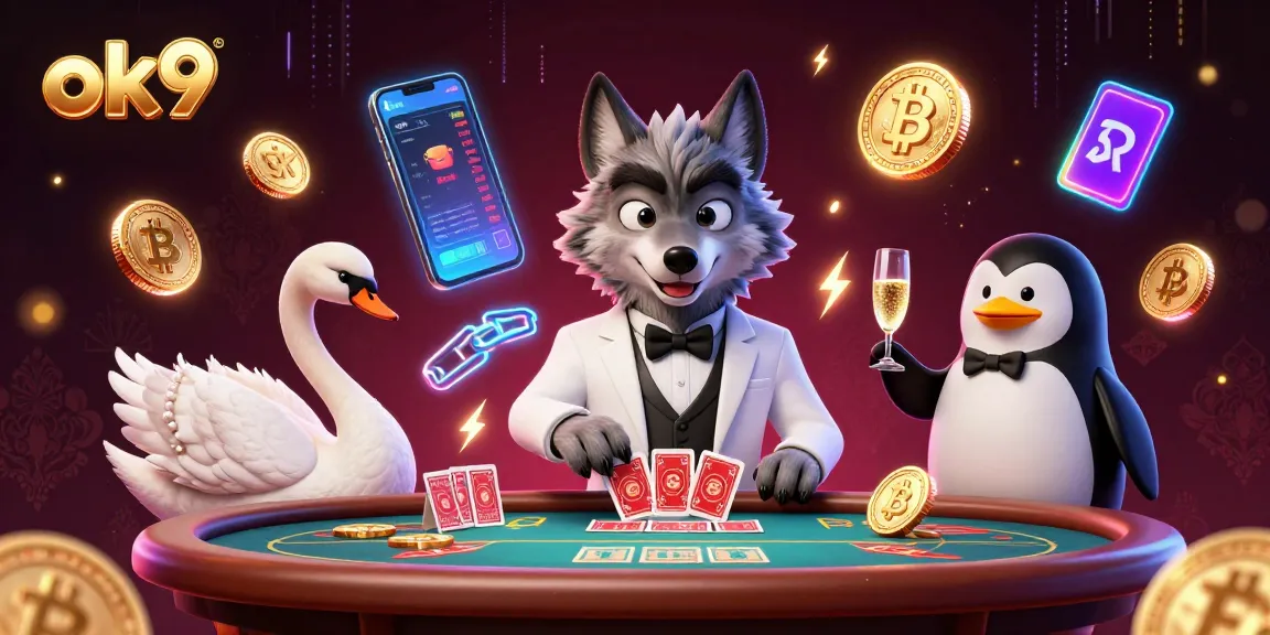 Engage with ok9's thrilling baccarat scene featuring a stylish wolf and elegant characters, showcasing card deals.