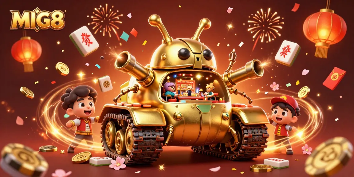 Engage with MIG8's vibrant casino experience inside a golden beetle tank, featuring festive game elements.