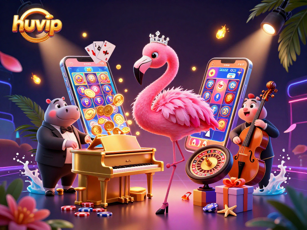Engage with huvip's vibrant gaming scene featuring lively characters, slot games, and dynamic casino elements.