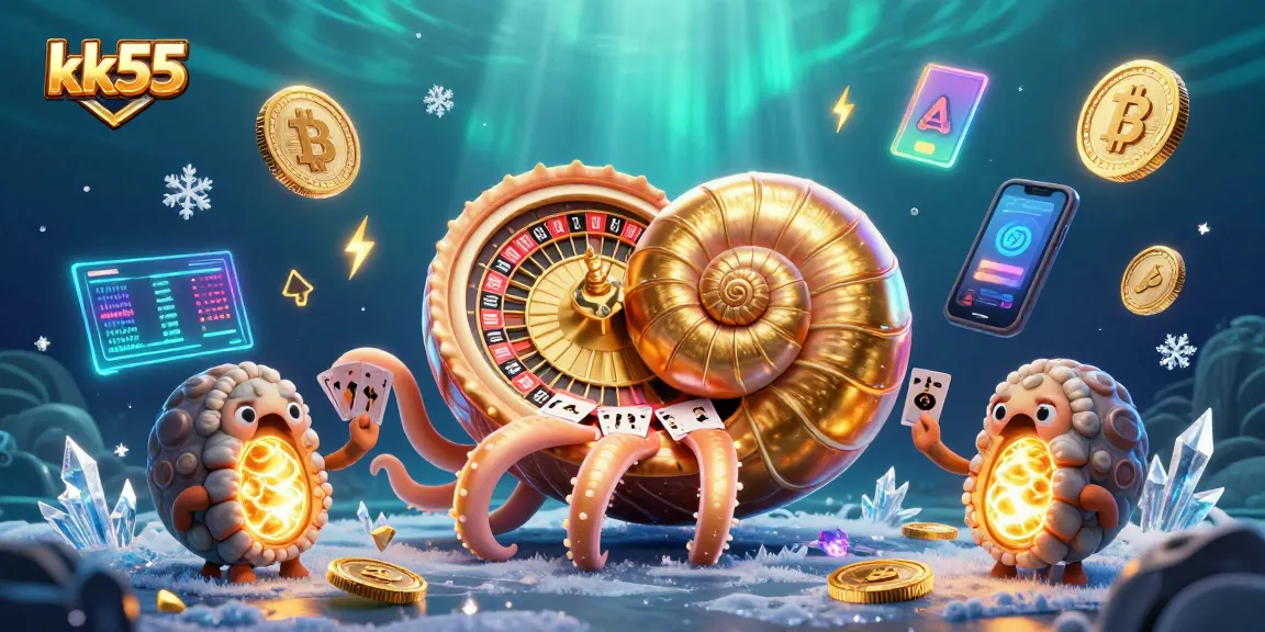 Engage with kk55's exciting gaming experience featuring a giant nautilus holding cards and illuminated ammonites.
