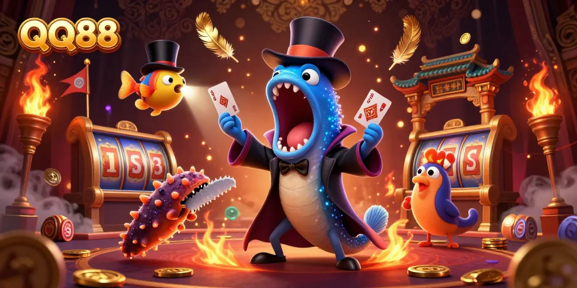 Engage with QQ88's vibrant casino scene featuring an eel magician and anglerfish guiding your betting journey.