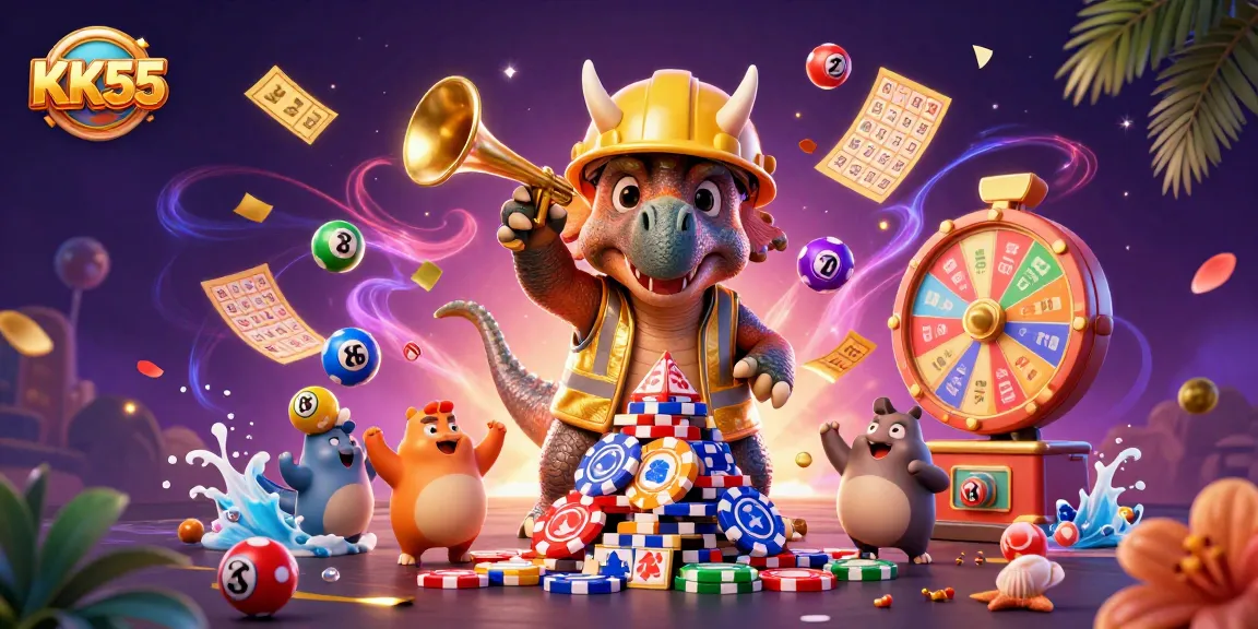 Celebrate wins at KK55 with a lively dinosaur scene full of colorful games and excitement!