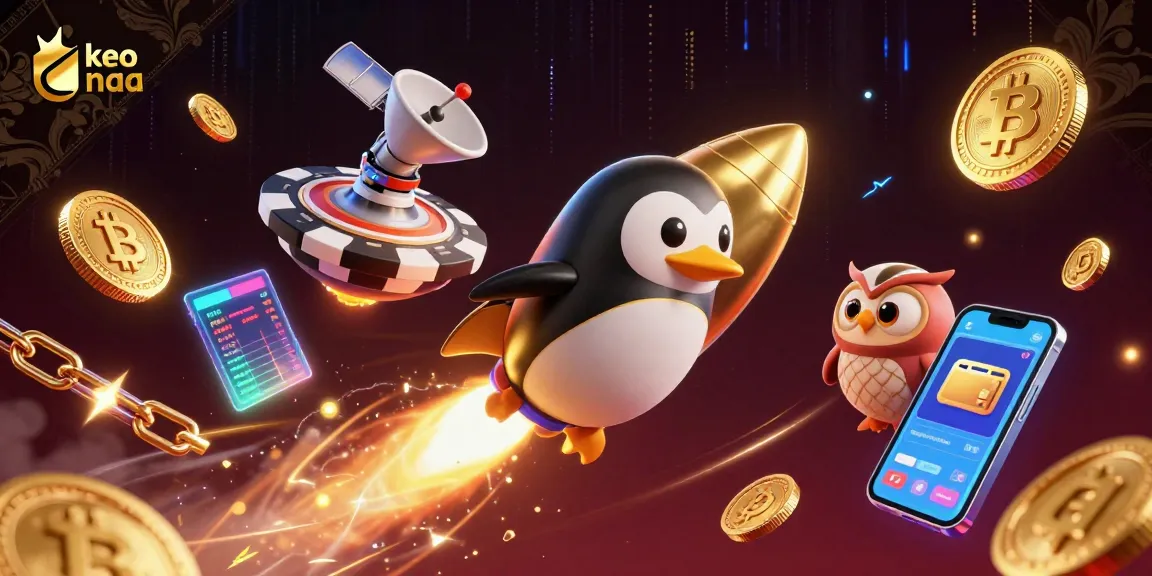 Bet on keo nha cai with our golden penguin navigating a vibrant casino space scene.