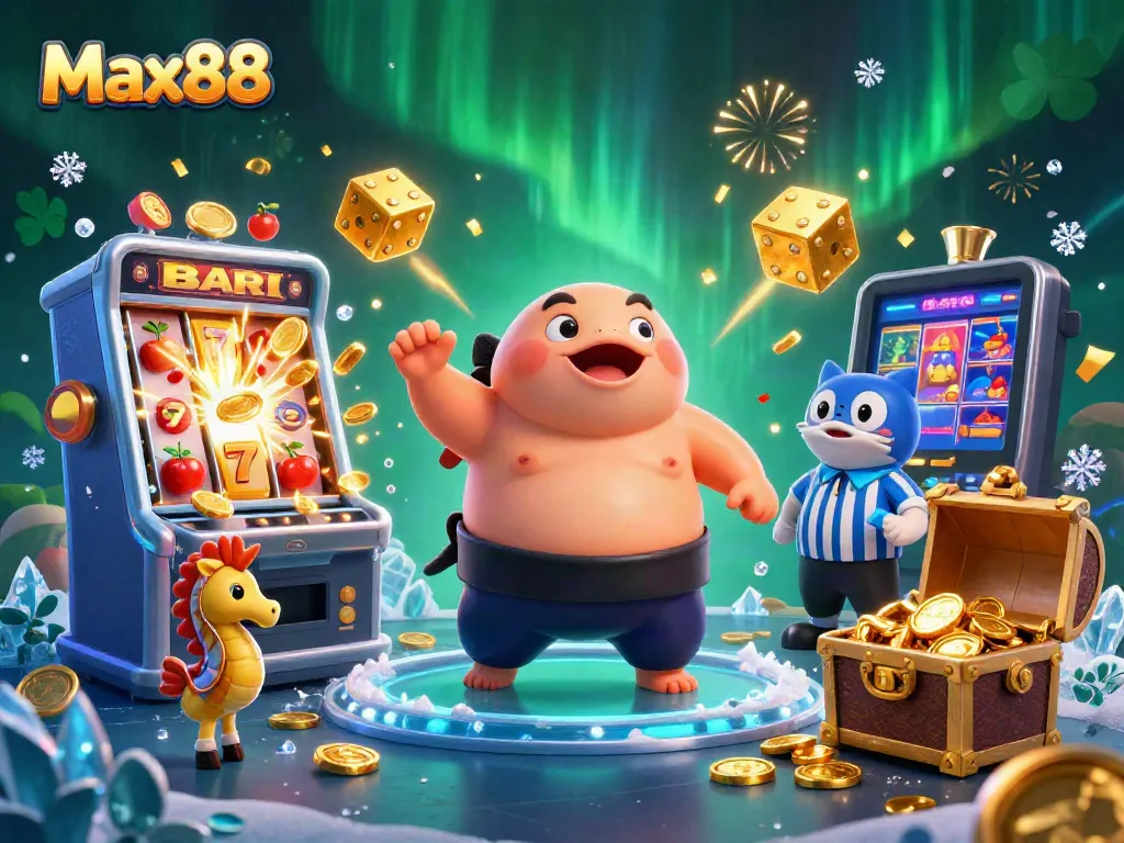 "Max88's colorful underwater casino scene featuring a dynamic blowfish in a sumo belt, capturing the thrill of gaming."
