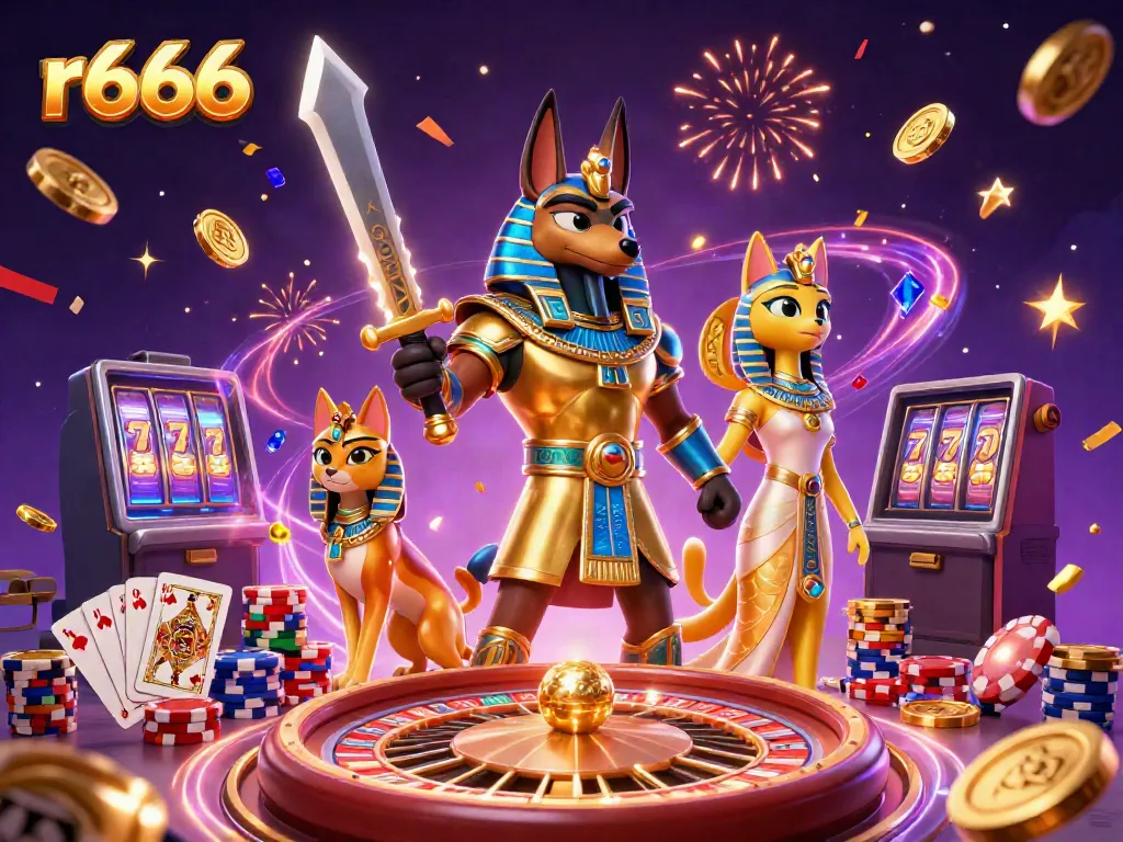 Experience the thrill of r666 with a vibrant casino scene featuring Anubis, Bastet, and dynamic gaming elements.