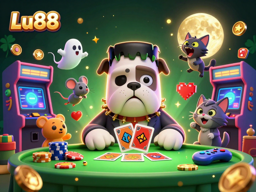 Lu88 enhances the gaming experience with a vivid scene of cartoon characters and colorful casino elements.